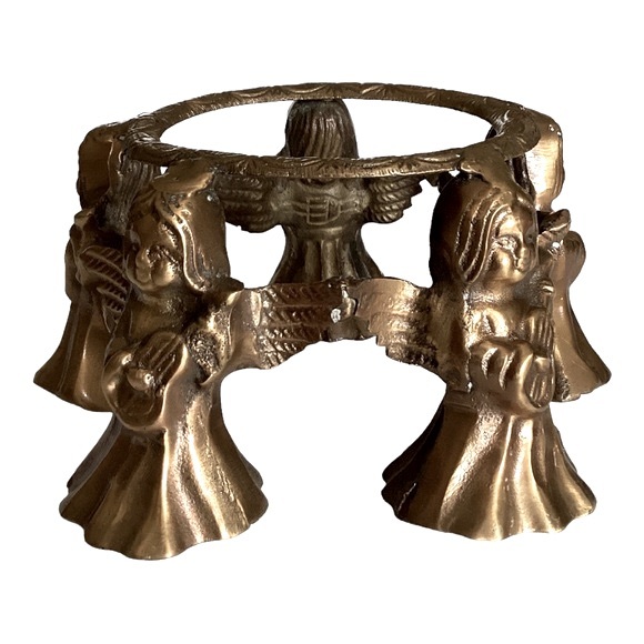 Brass Five Girl Angels Playing Guitar Round Base Candle Holder Art Deco VTG EUC - Picture 7 of 14